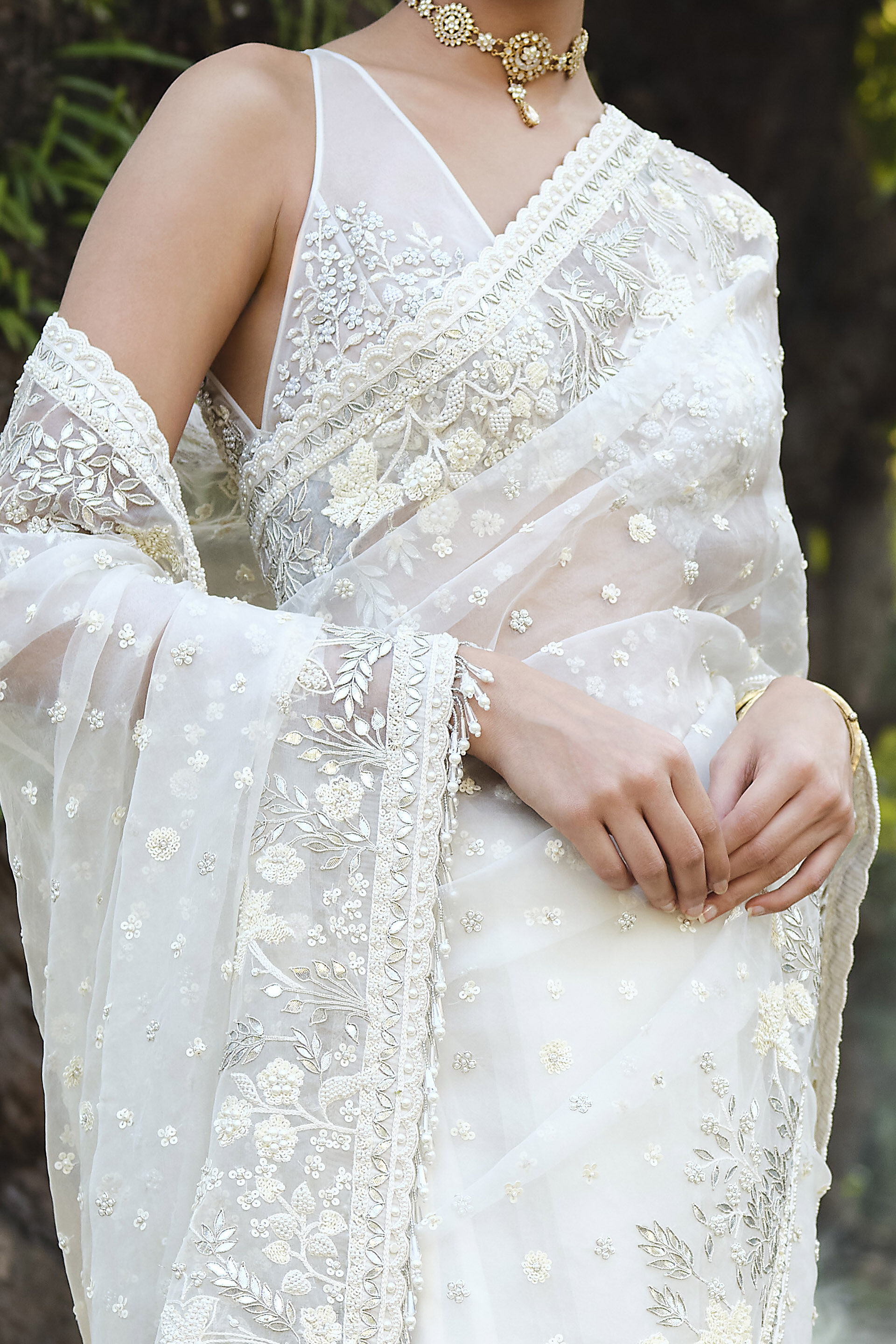 Indian Ivory Gota Patti Embroidered Silk Saree (2-Piece) - Image 2