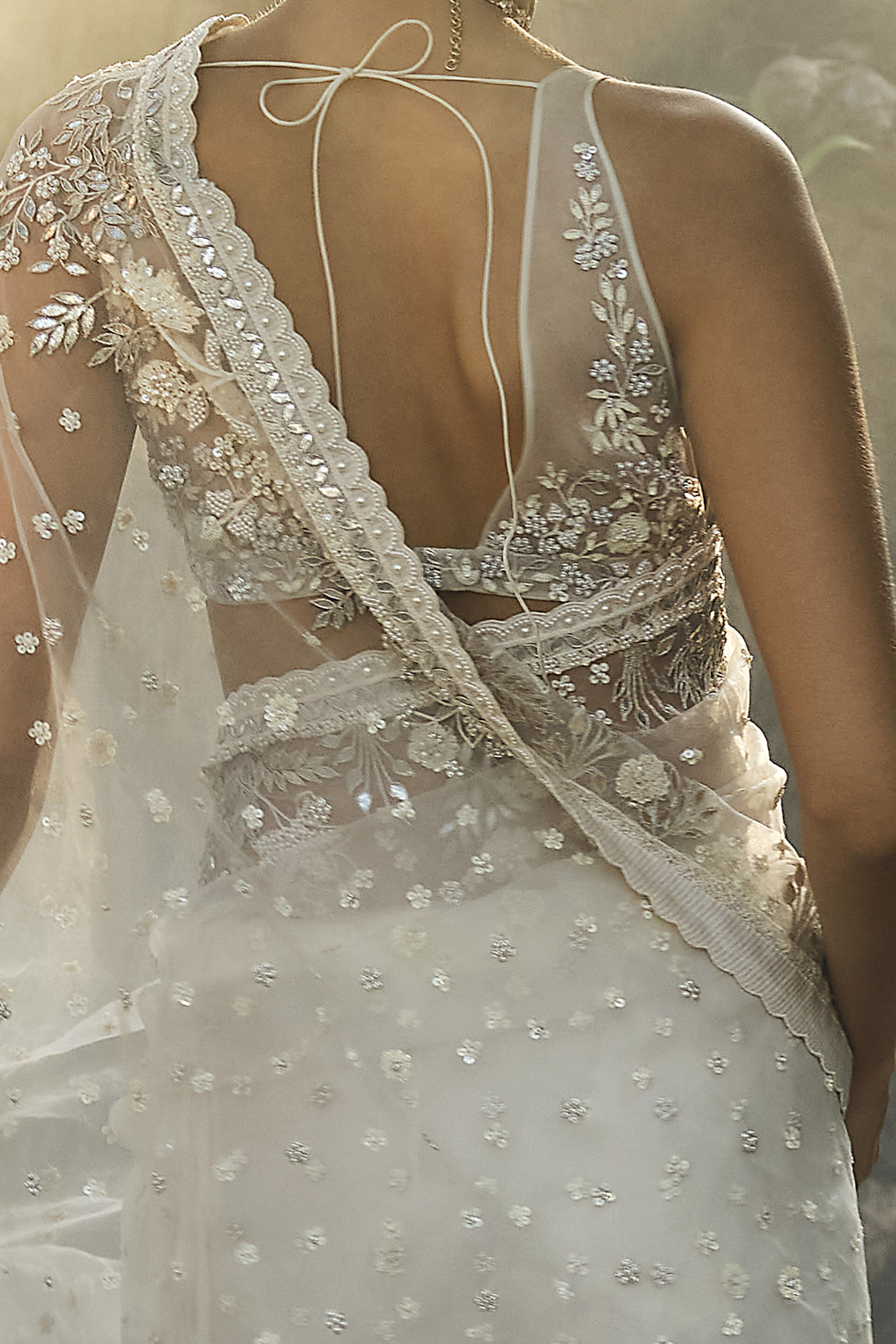 Indian Ivory Gota Patti Embroidered Silk Saree (2-Piece) - Image 3