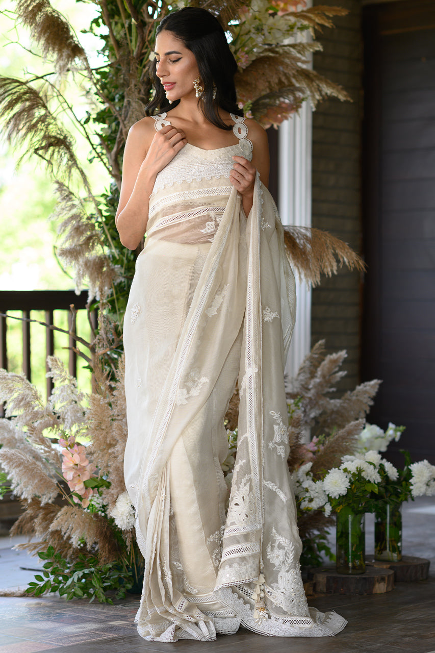 Indian Ivory Embroidered Silk Karandi Saree (3-Piece) - Image 1