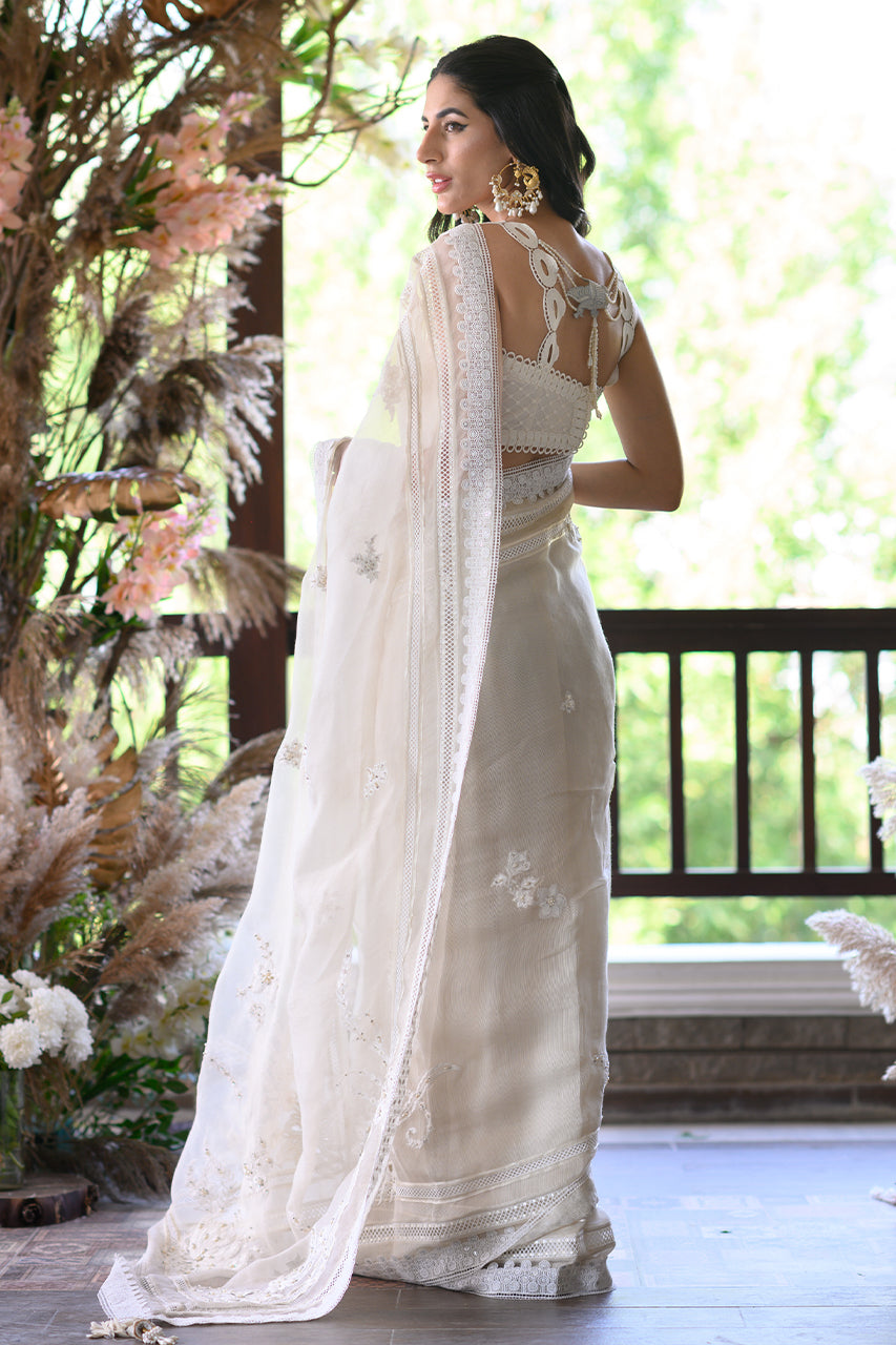 Indian Ivory Embroidered Silk Karandi Saree (3-Piece) - Image 3