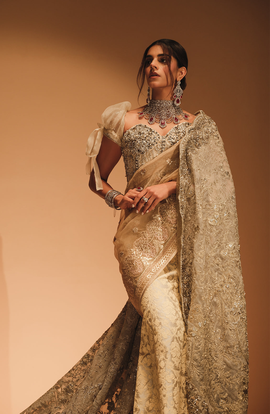 Pakistani Off-White & Gold Embellished Silk Saree (3-Piece) - Image 1