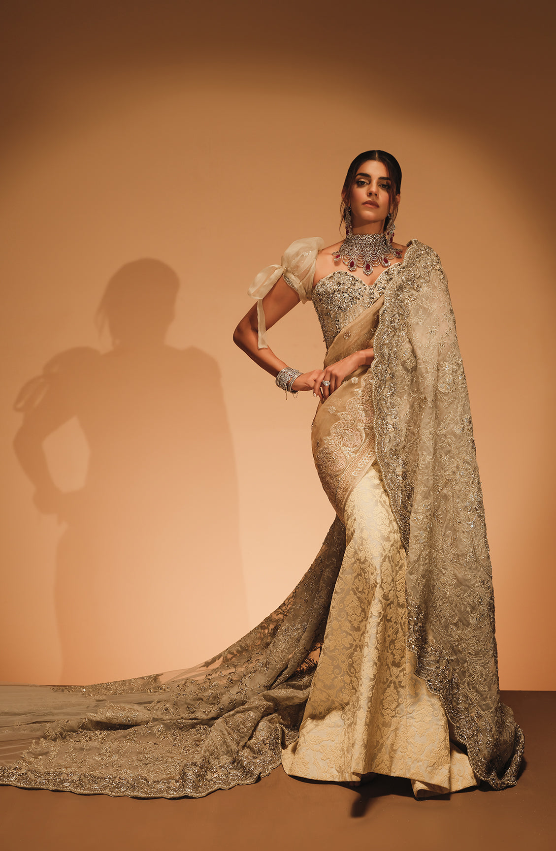 Pakistani Off-White & Gold Embellished Silk Saree (3-Piece) - Image 7