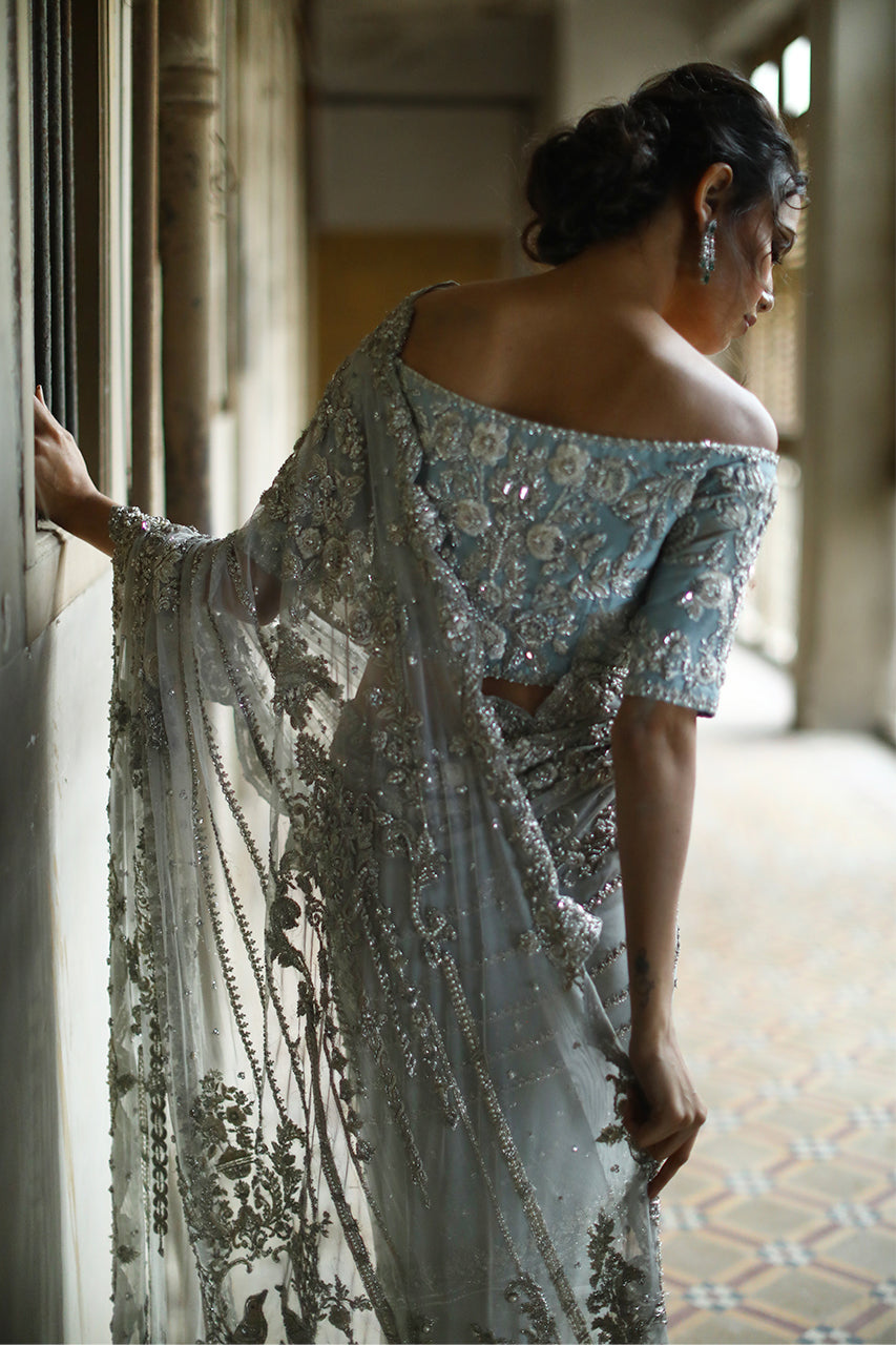 Ivory Zardozi & Kamdani Soft Net Saree (2-Piece) - Image 2