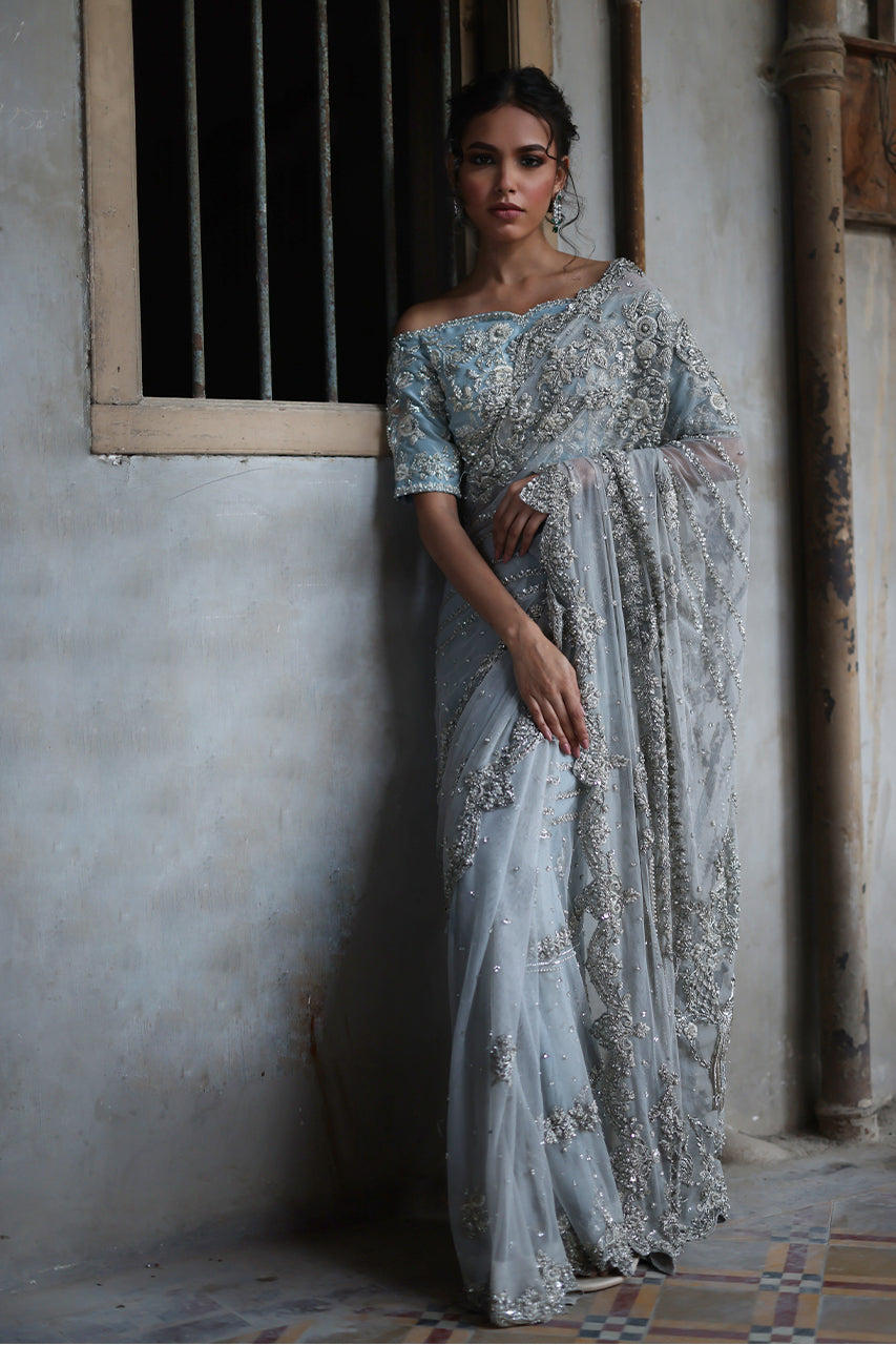 Ivory Zardozi & Kamdani Soft Net Saree (2-Piece) - Image 3