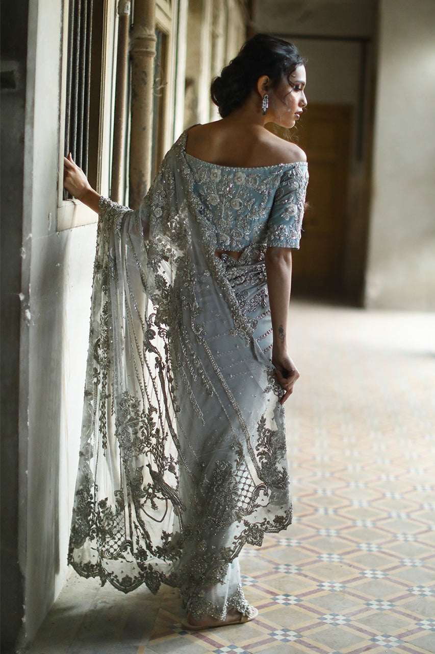 Ivory Zardozi & Kamdani Soft Net Saree (2-Piece) - Image 4