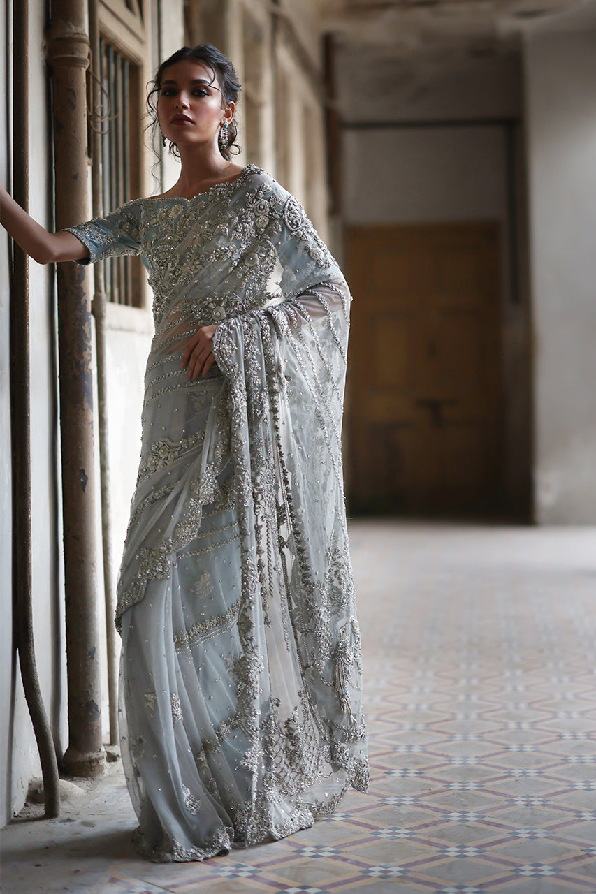 Ivory Zardozi & Kamdani Soft Net Saree (2-Piece) - Image 5