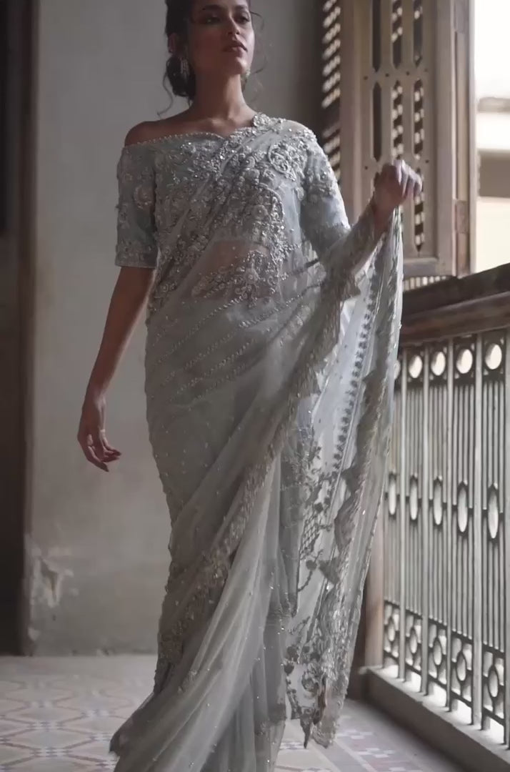 Ivory Zardozi & Kamdani Soft Net Saree (2-Piece) - Image 7