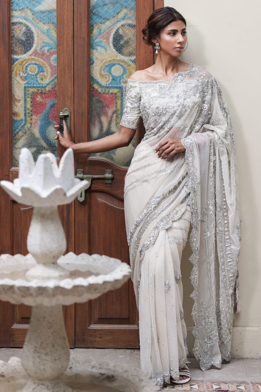 Ivory Zardozi Kamdani Soft Net Silk Saree (2-Piece) - Image 1