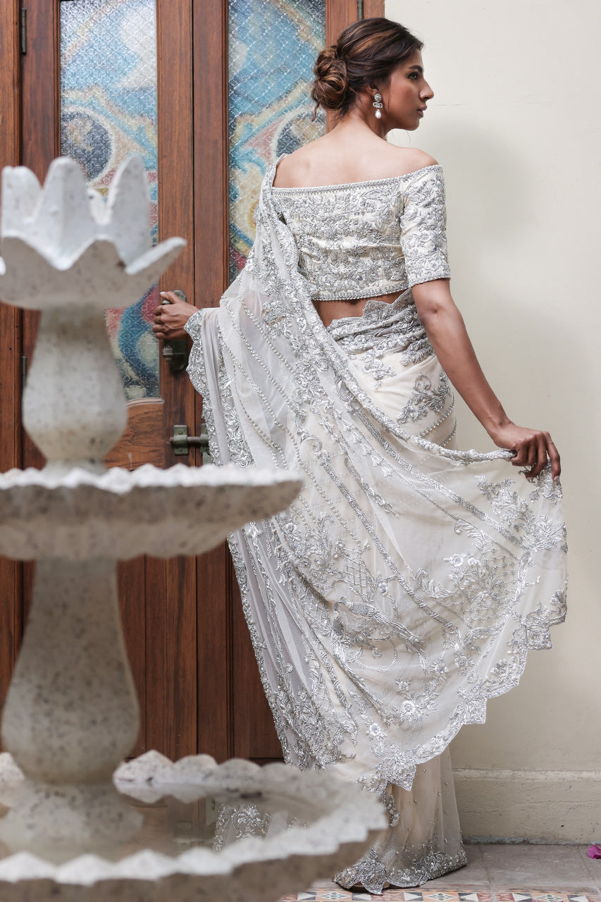 Ivory Zardozi Kamdani Soft Net Silk Saree (2-Piece) - Image 2