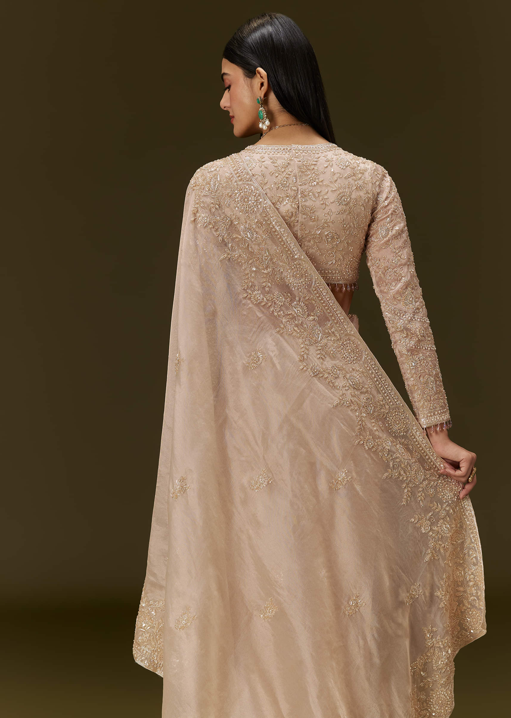 Beige Ivory Embroidered Tissue Saree (2-Piece) - Image 5