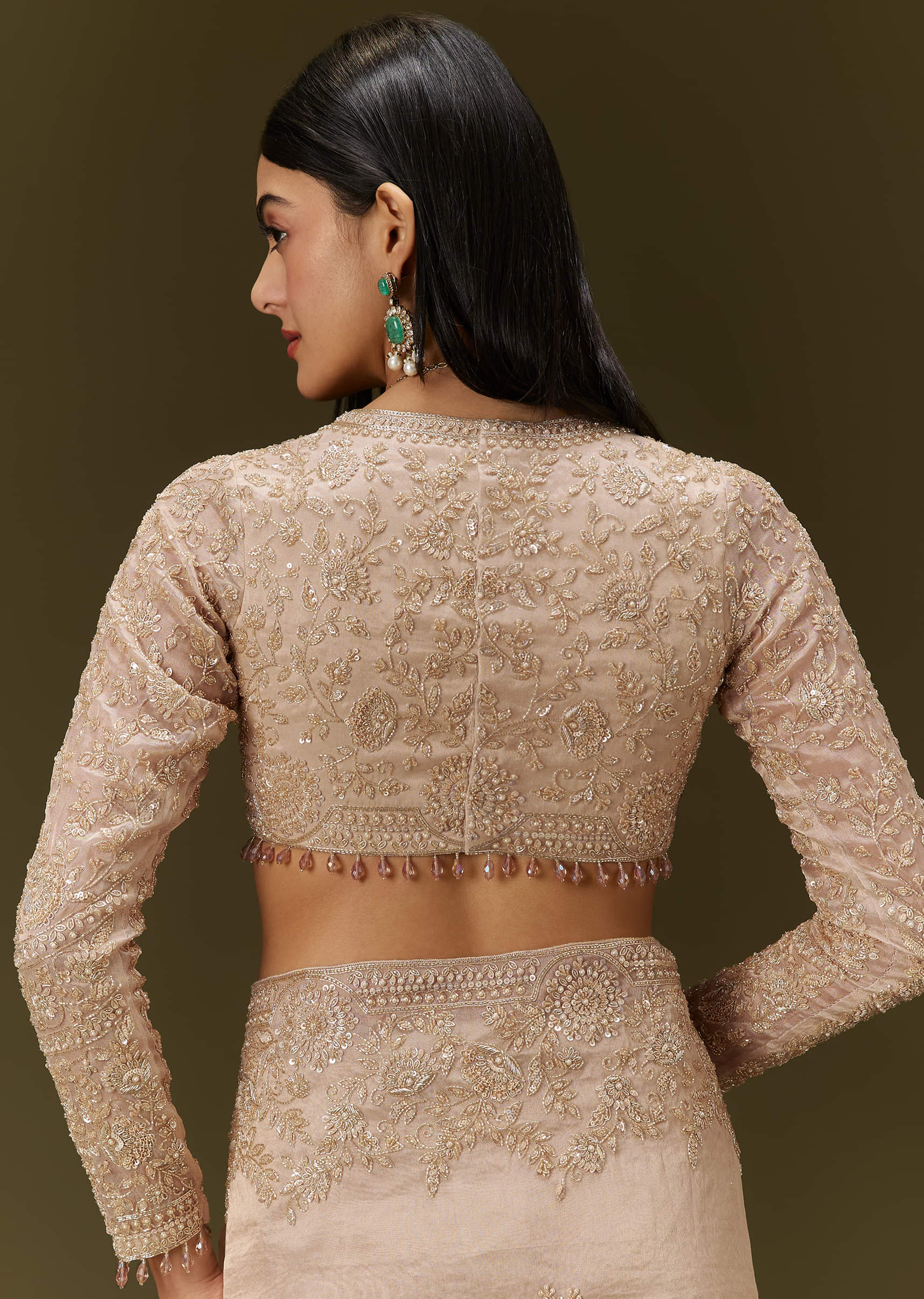 Beige Ivory Embroidered Tissue Saree (2-Piece) - Image 7