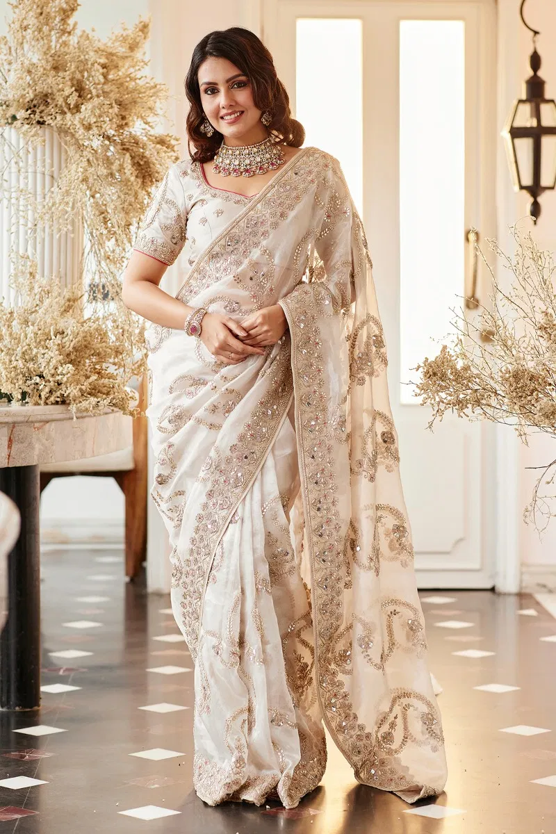 Indian Off White Embroidered Tissue Organza Saree (2-Piece) - Image 1