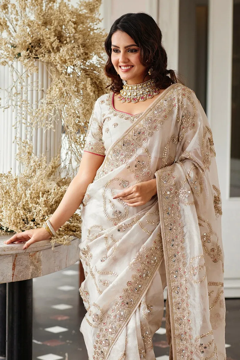 Indian Off White Embroidered Tissue Organza Saree (2-Piece) - Image 3