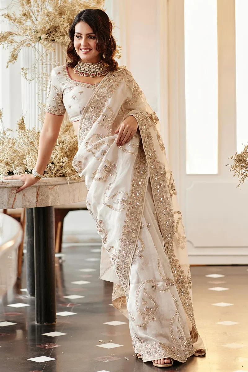 Indian Off White Embroidered Tissue Organza Saree (2-Piece) - Image 4