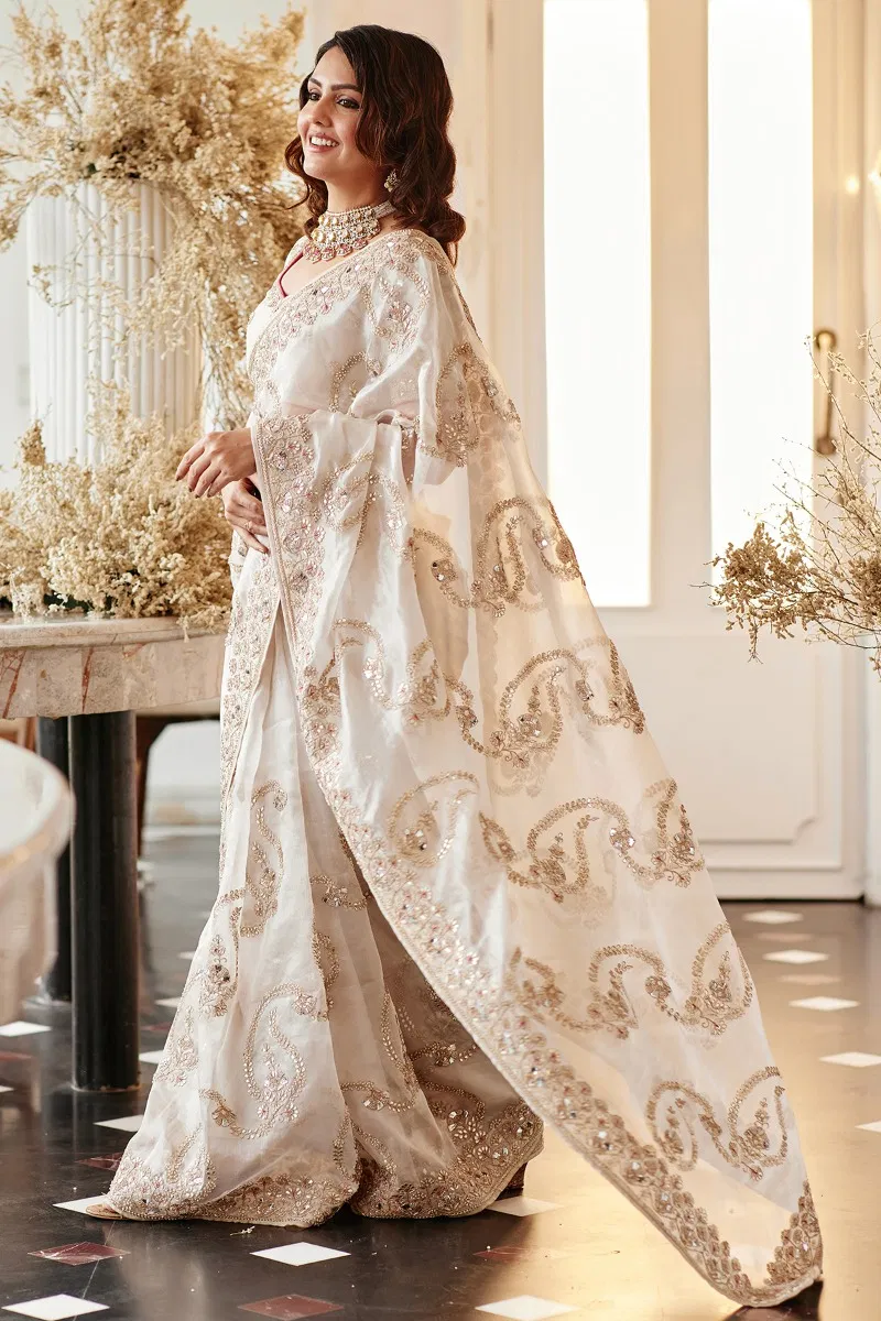 Indian Off White Embroidered Tissue Organza Saree (2-Piece) - Image 5