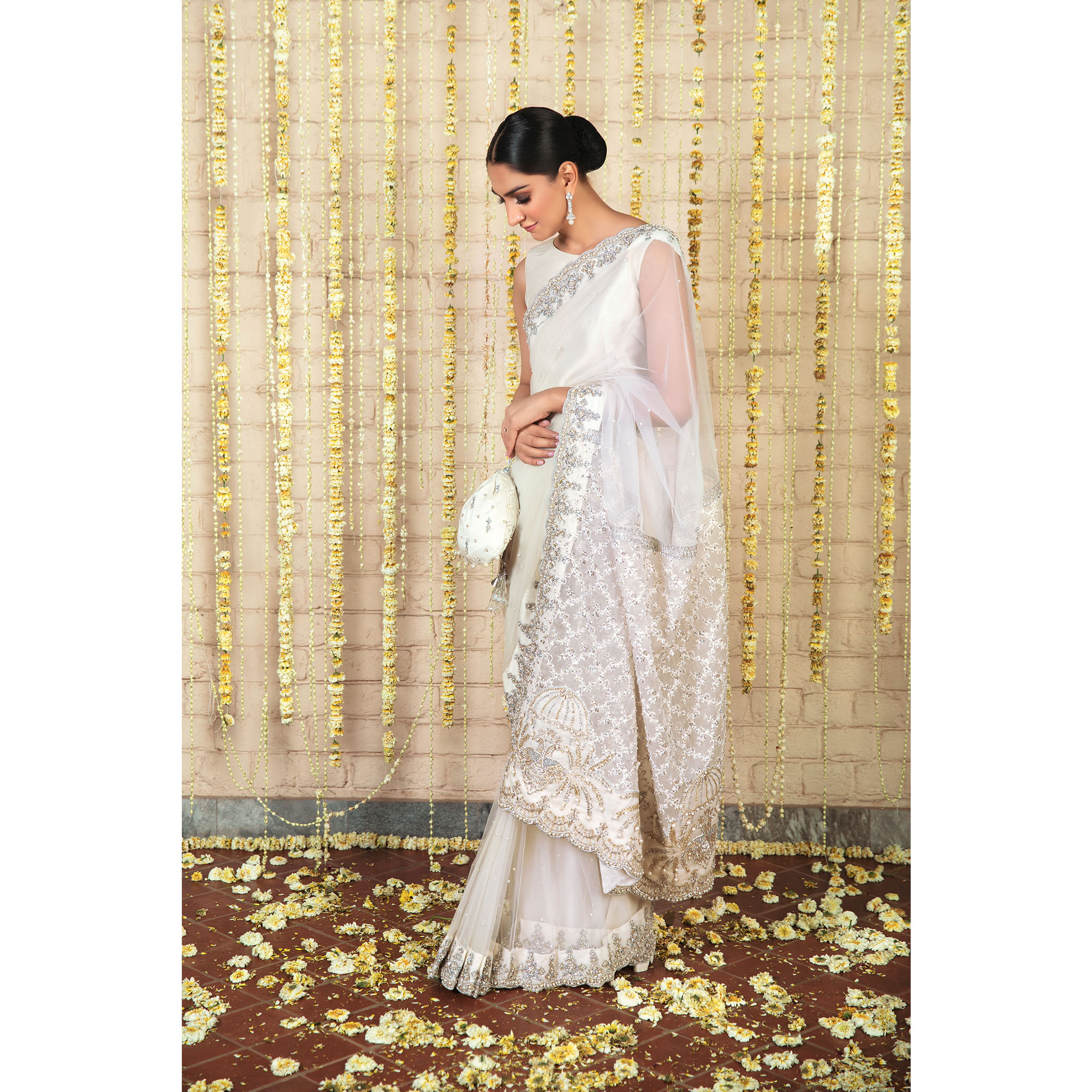 Pakistani Ivory Swarovski & Pearl Tulle Saree (2-Piece) - Image 1