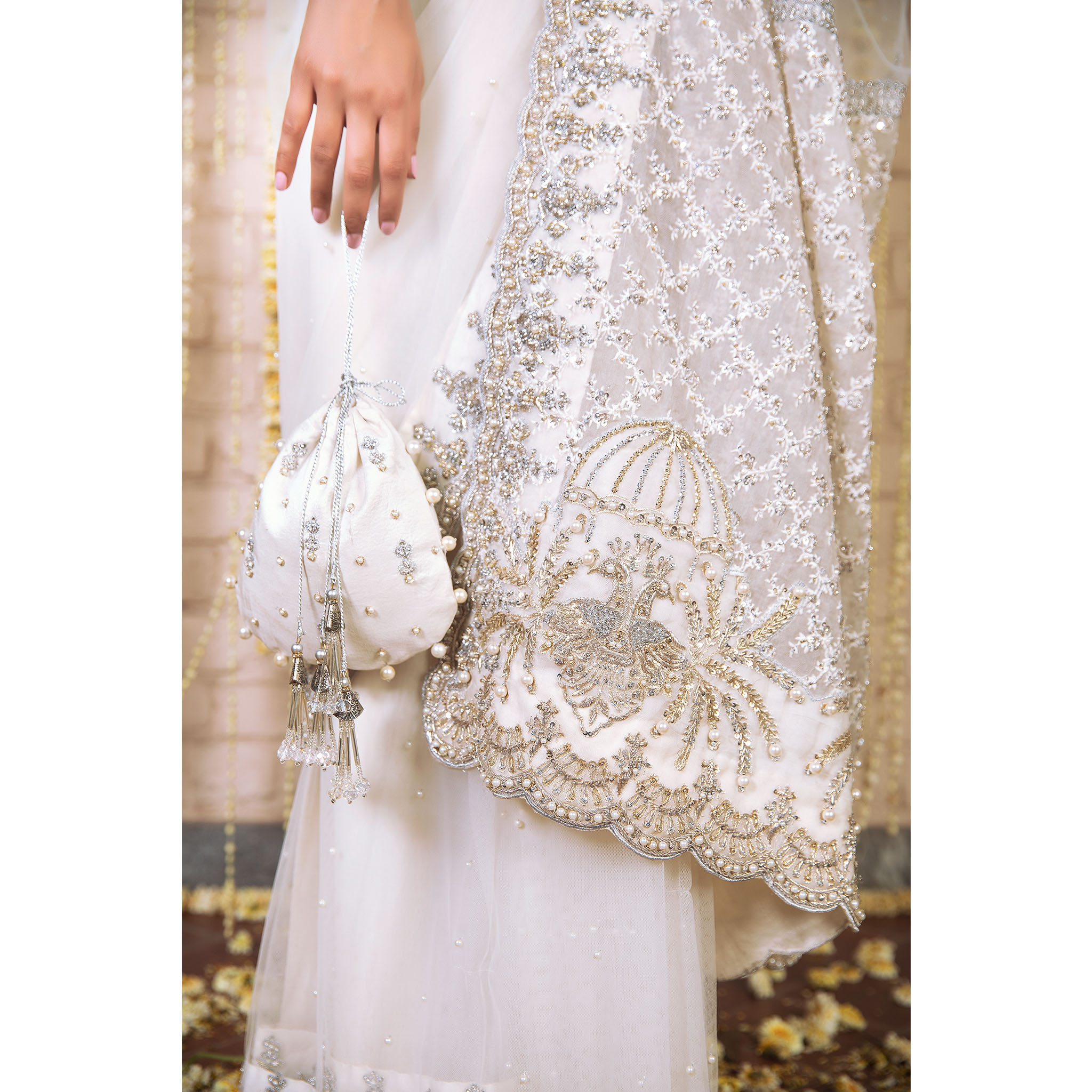 Pakistani Ivory Swarovski & Pearl Tulle Saree (2-Piece) - Image 4