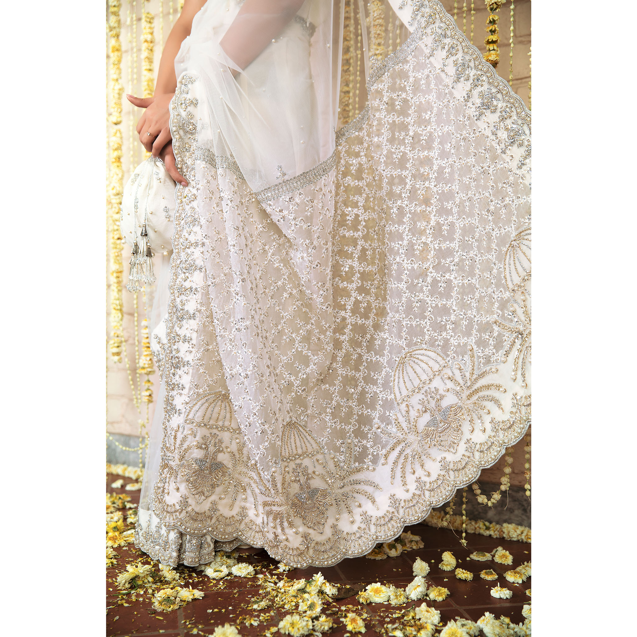 Pakistani Ivory Swarovski & Pearl Tulle Saree (2-Piece) - Image 5
