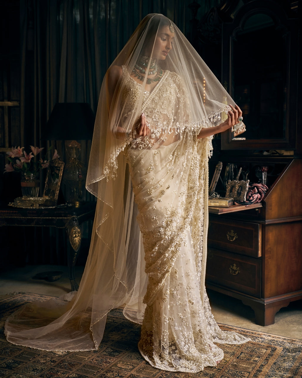 Indian Ivory Sequin Embroidered Tulle Saree (2-Piece) - Image 1