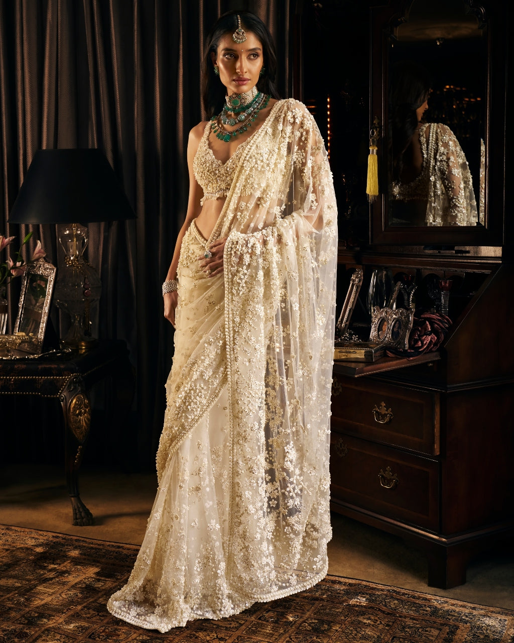 Indian Ivory Sequin Embroidered Tulle Saree (2-Piece) - Image 2