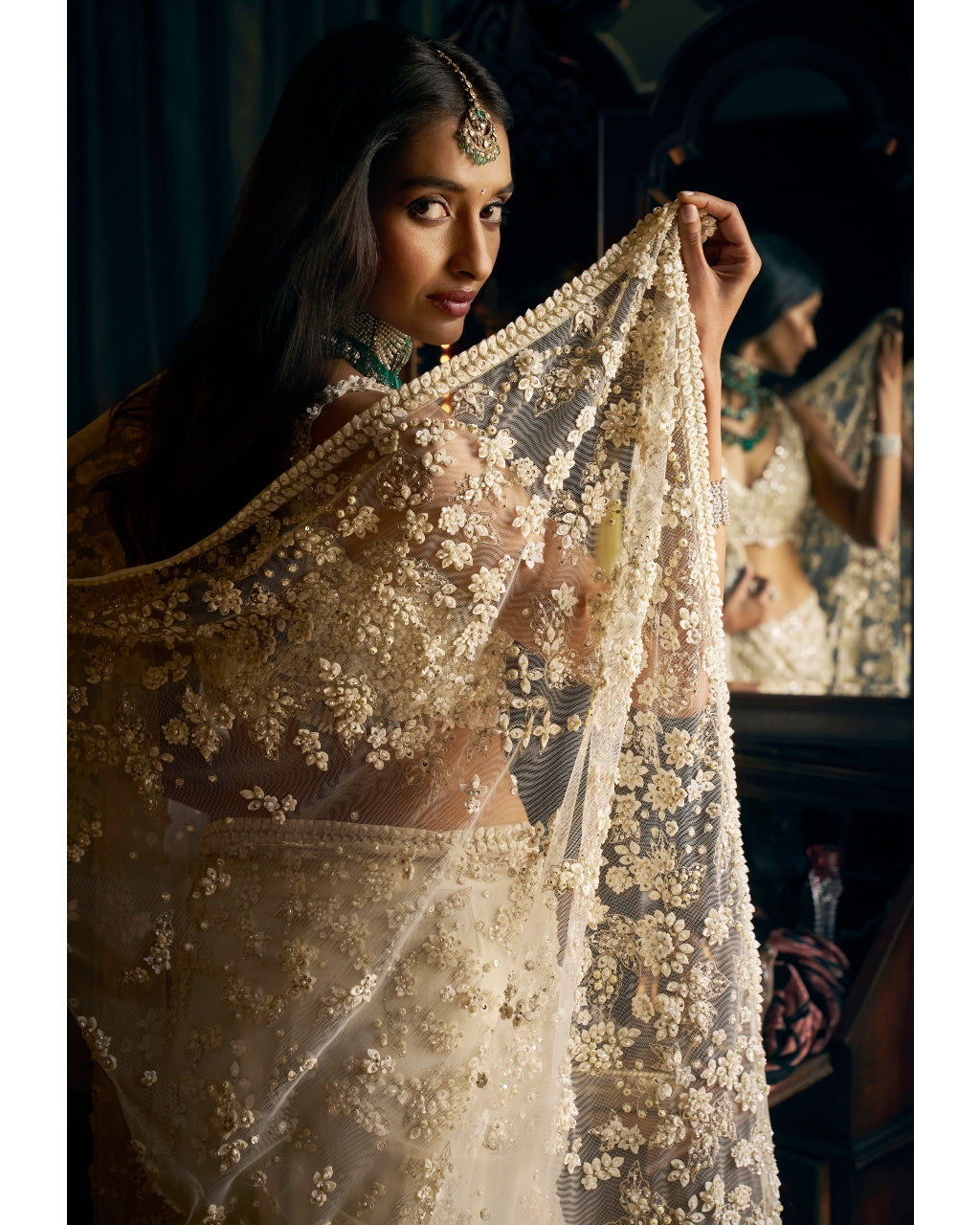 Indian Ivory Sequin Embroidered Tulle Saree (2-Piece) - Image 5