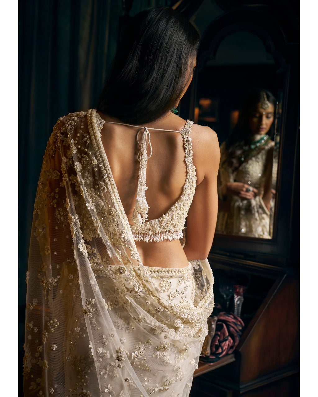 Indian Ivory Sequin Embroidered Tulle Saree (2-Piece) - Image 6