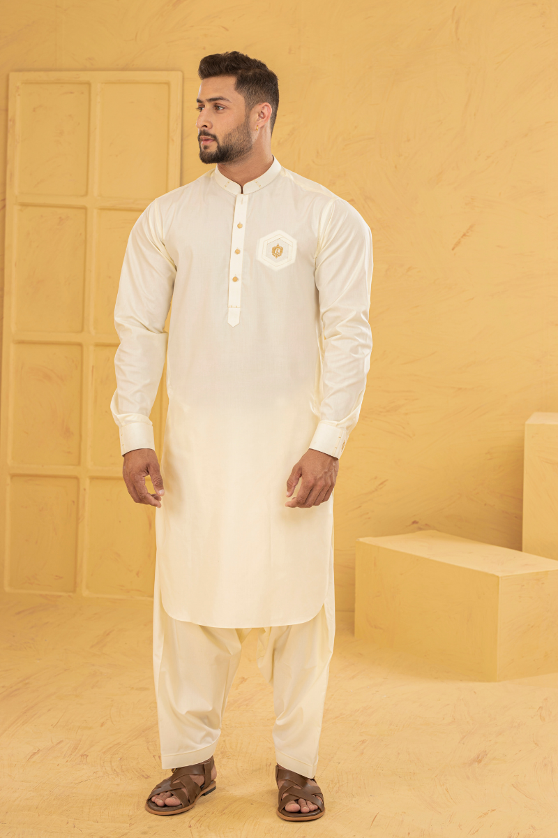 Cream Embroidered Cotton Shalwar Kameez (2-Piece) - Image 1