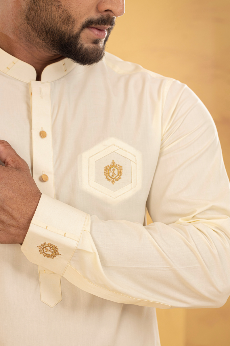 Cream Embroidered Cotton Shalwar Kameez (2-Piece) - Image 2