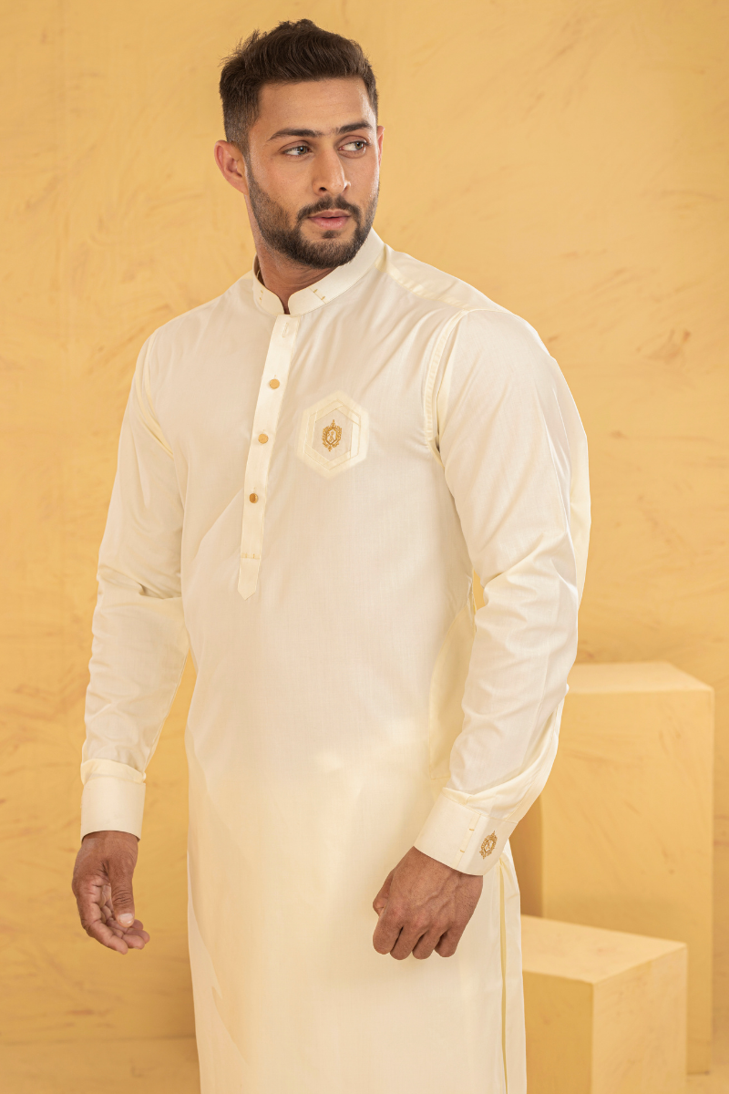 Cream Embroidered Cotton Shalwar Kameez (2-Piece) - Image 3