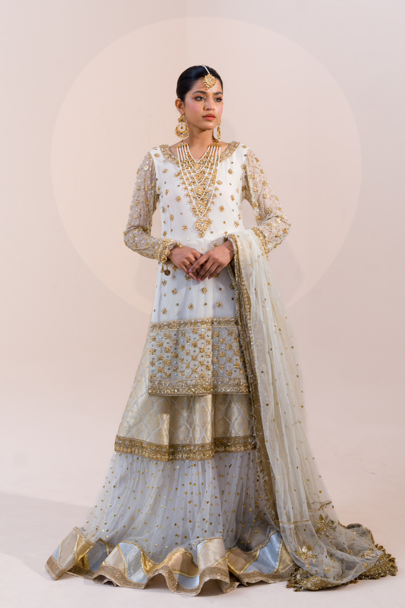 Ivory Gold Embroidered Silk Blend Sharara (3-Piece) - Image 1