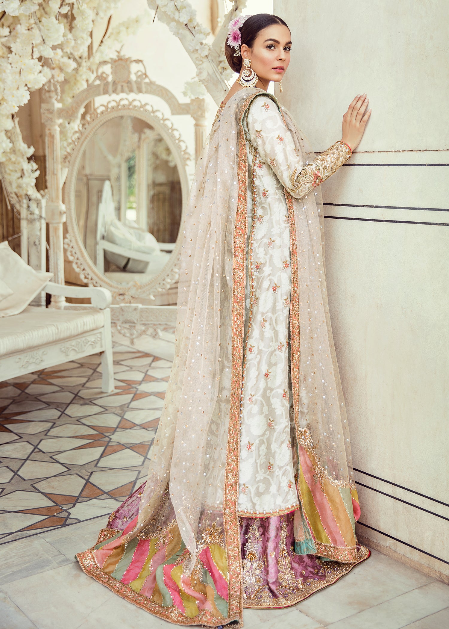 Pakistani Ivory Embroidered Brocade Sharara Set (3-Piece) - Image 2