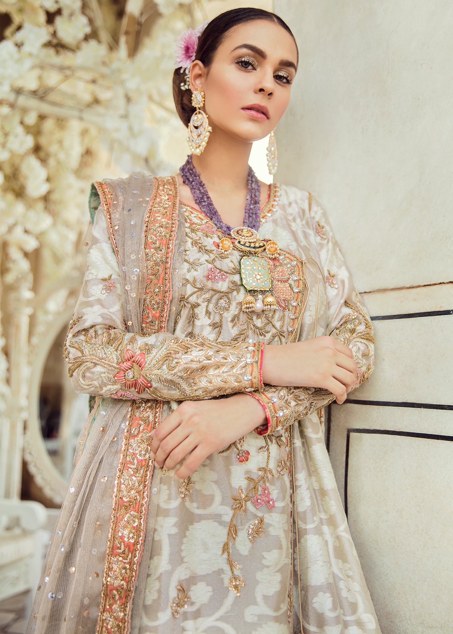 Pakistani Ivory Embroidered Brocade Sharara Set (3-Piece) - Image 3