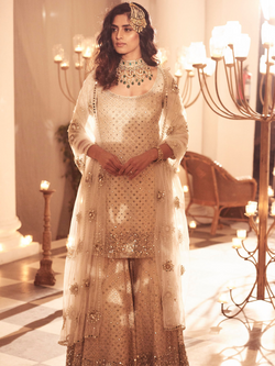 Indian Ivory Mirror Work Chanderi & Net Sharara (3-Piece) - Image 1