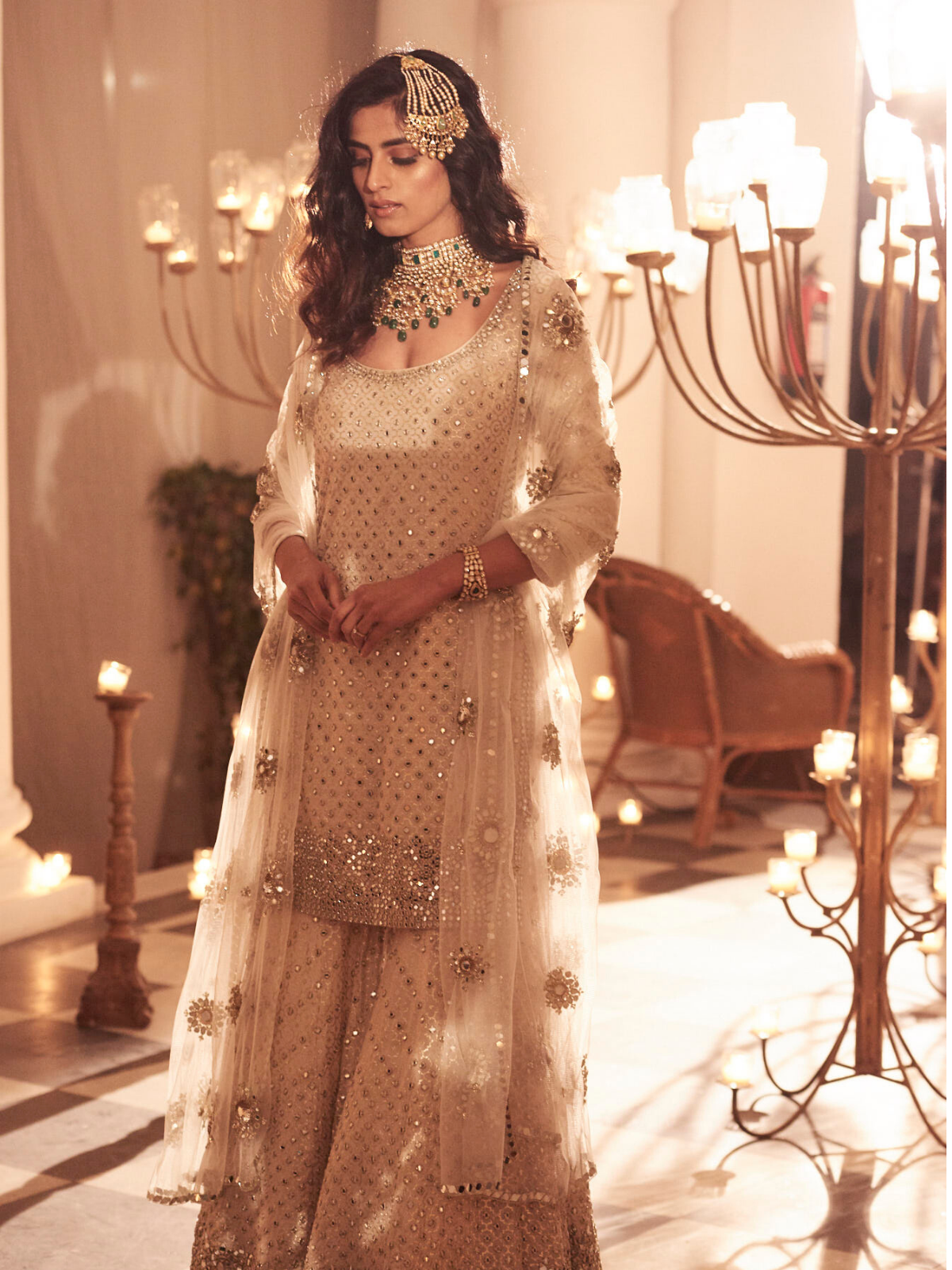 Indian Ivory Mirror Work Chanderi & Net Sharara (3-Piece) - Image 5