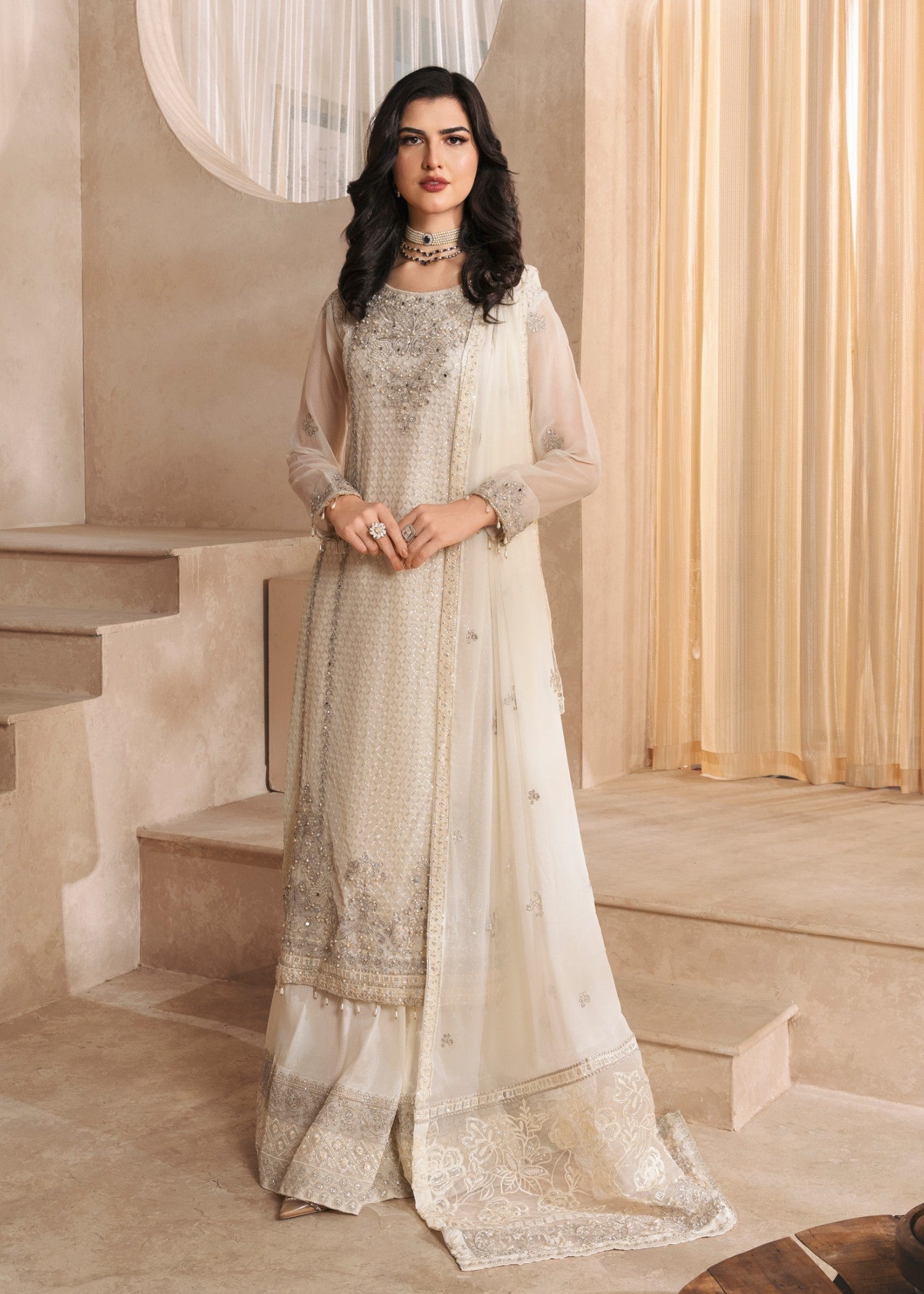 Off-White Embroidered Chiffon Sharara (3-Piece) - Image 1