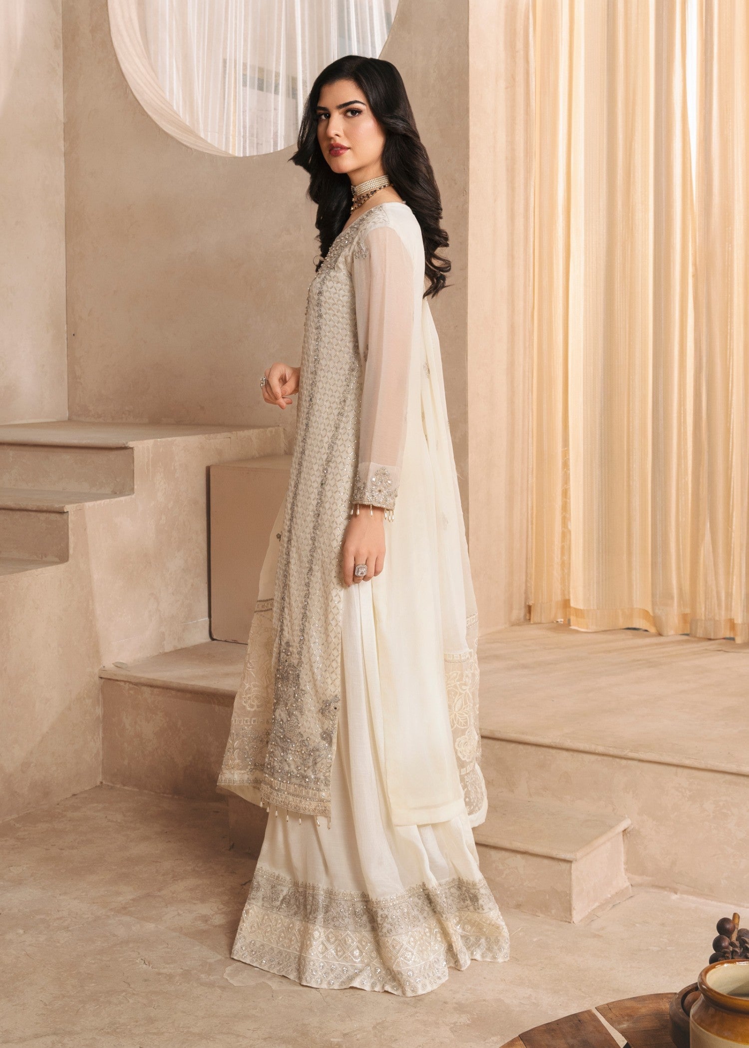 Off-White Embroidered Chiffon Sharara (3-Piece) - Image 2