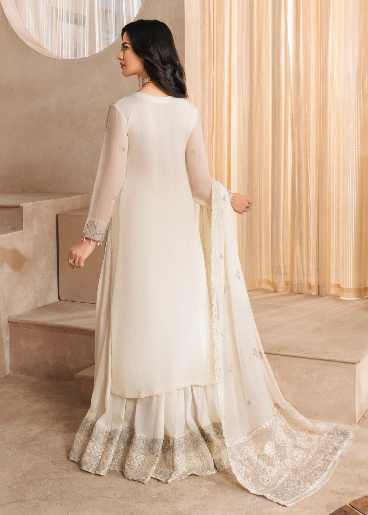 Off-White Embroidered Chiffon Sharara (3-Piece) - Image 3