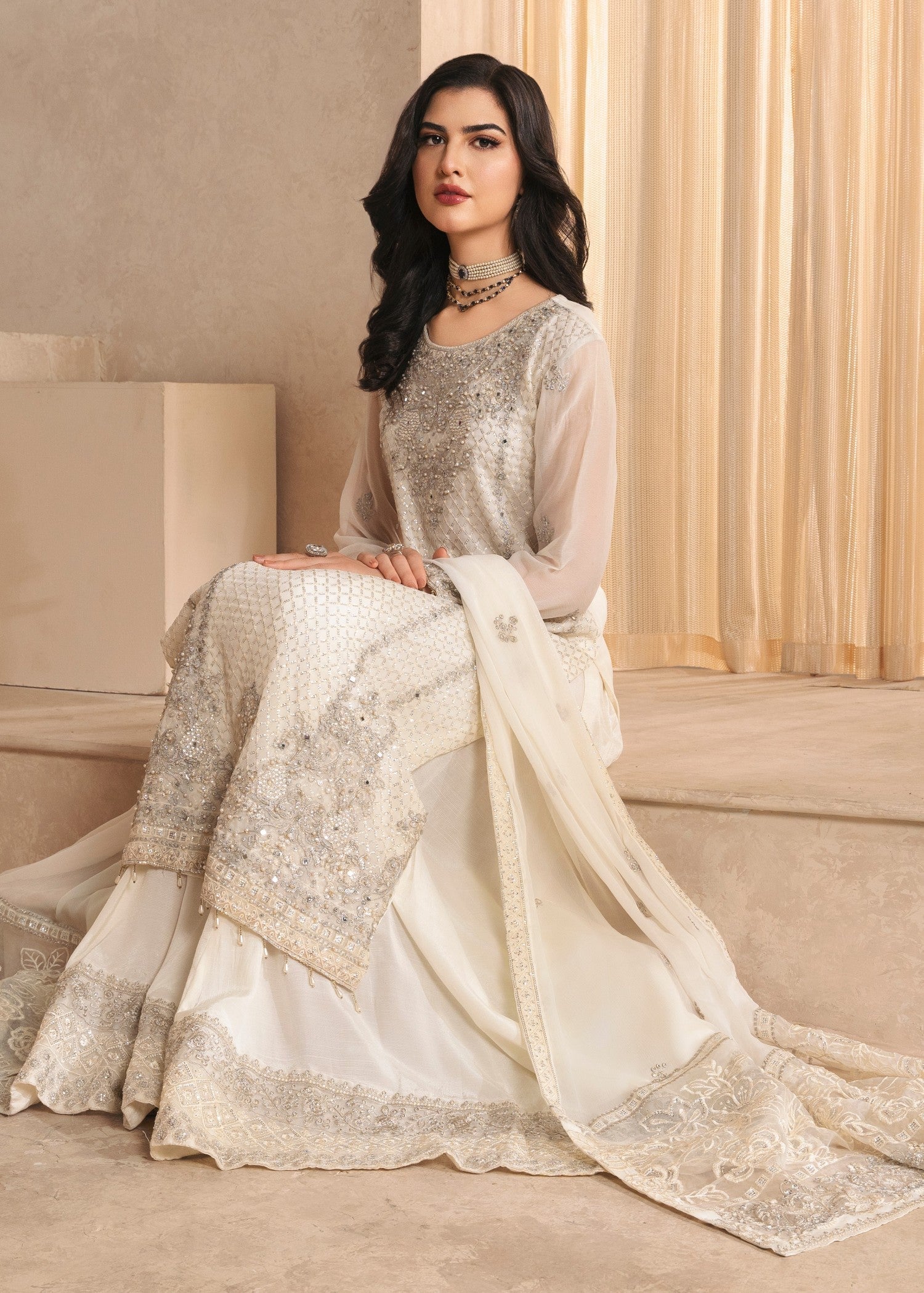 Off-White Embroidered Chiffon Sharara (3-Piece) - Image 4