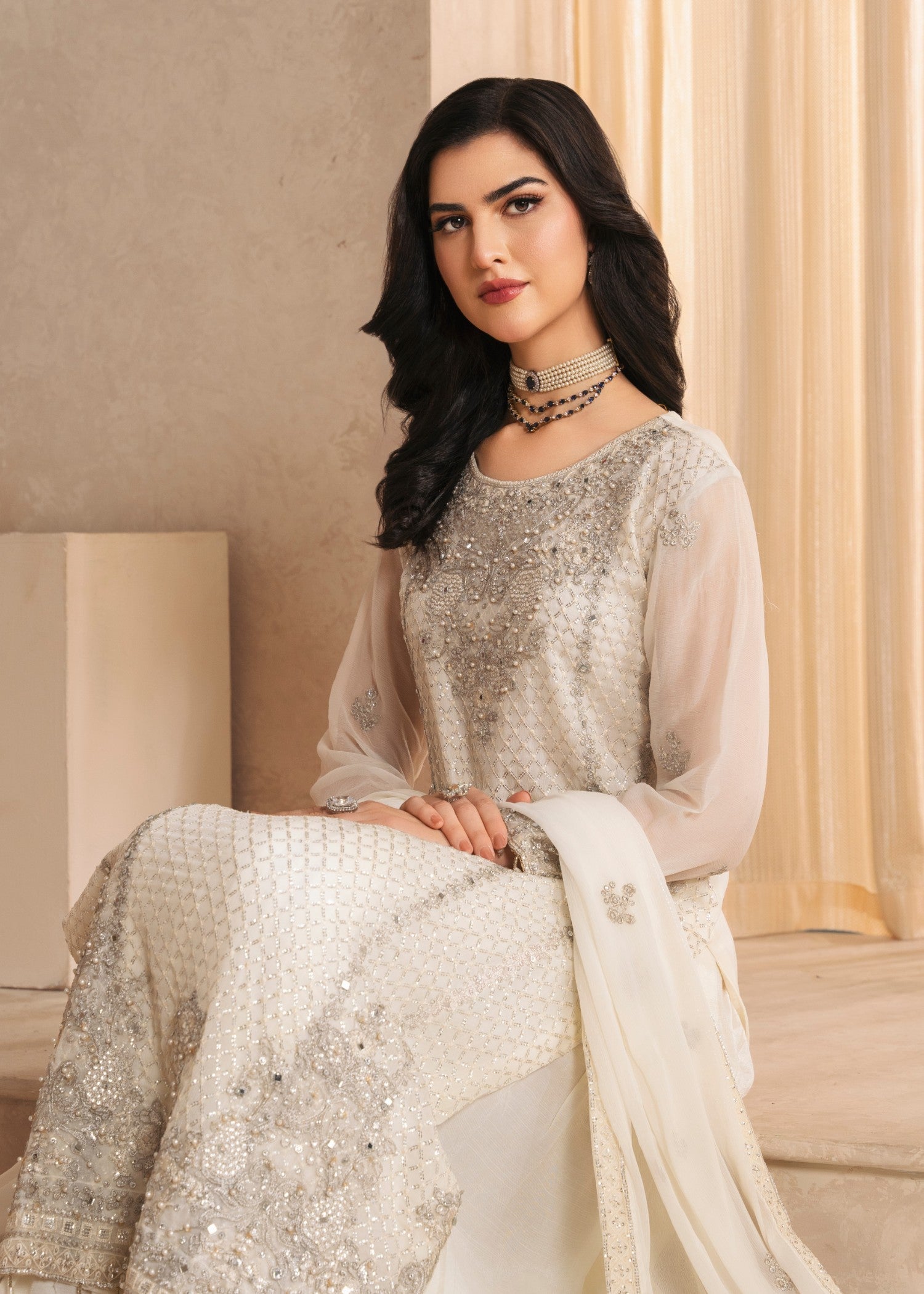 Off-White Embroidered Chiffon Sharara (3-Piece) - Image 5