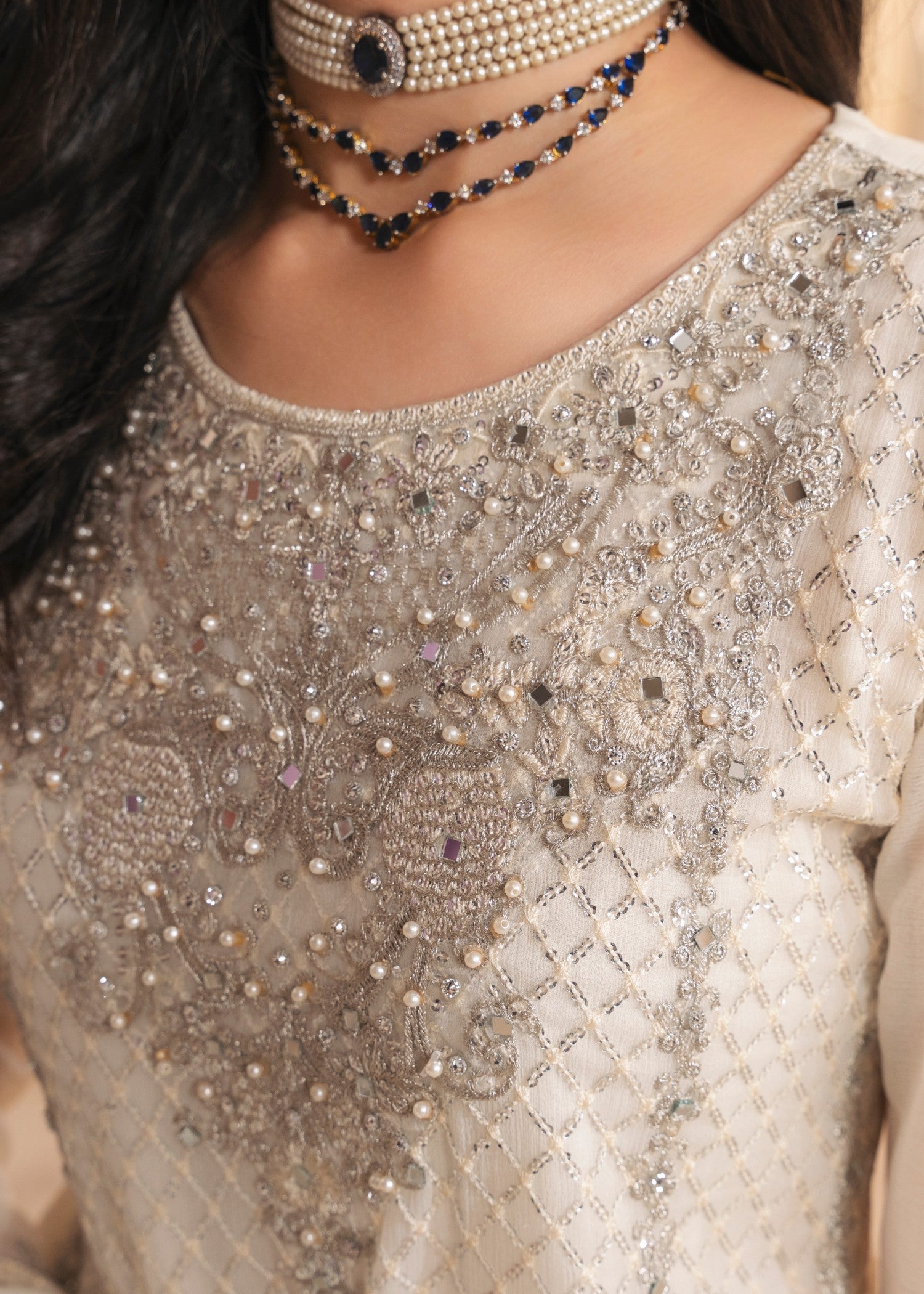 Off-White Embroidered Chiffon Sharara (3-Piece) - Image 6