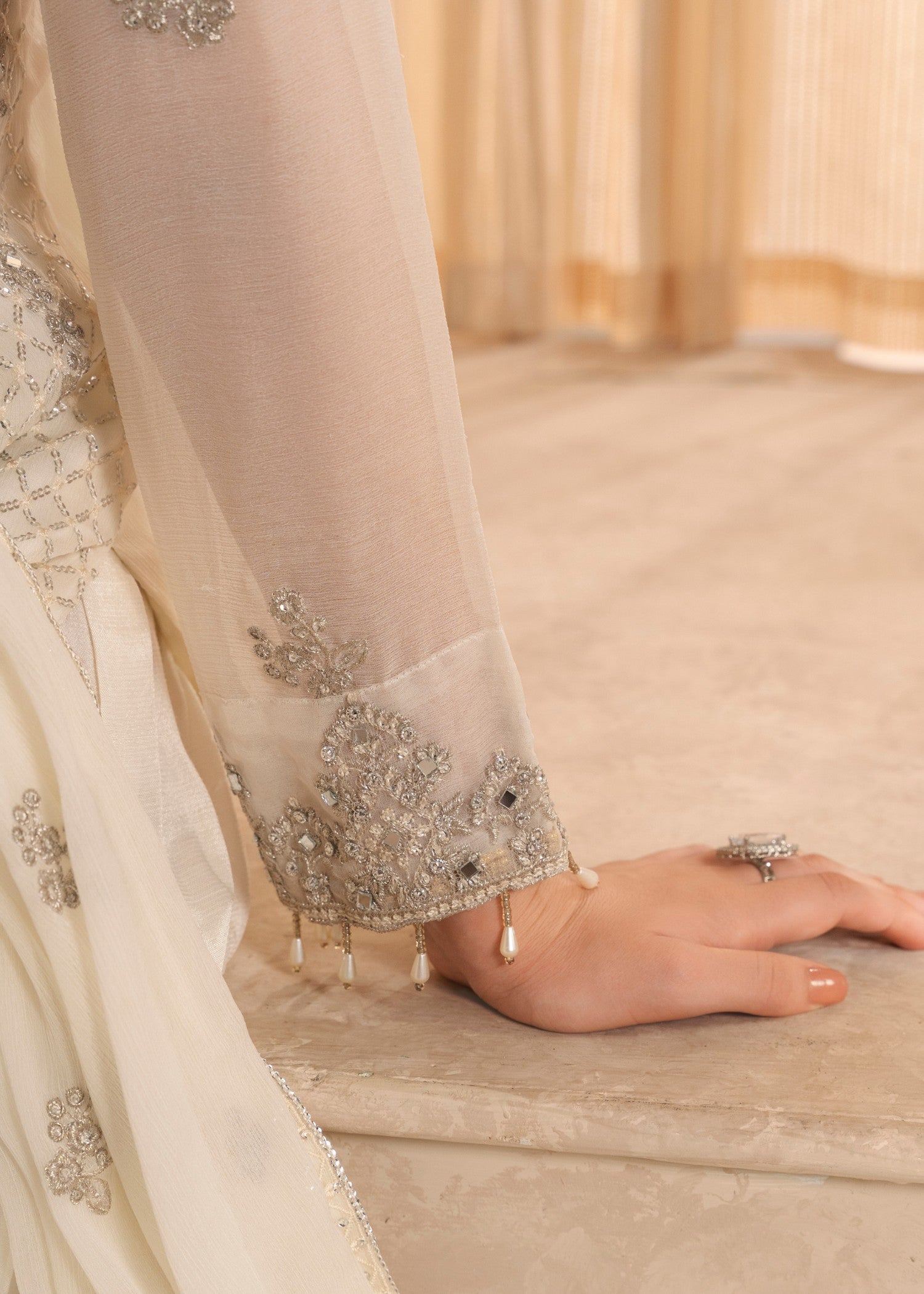 Off-White Embroidered Chiffon Sharara (3-Piece) - Image 7