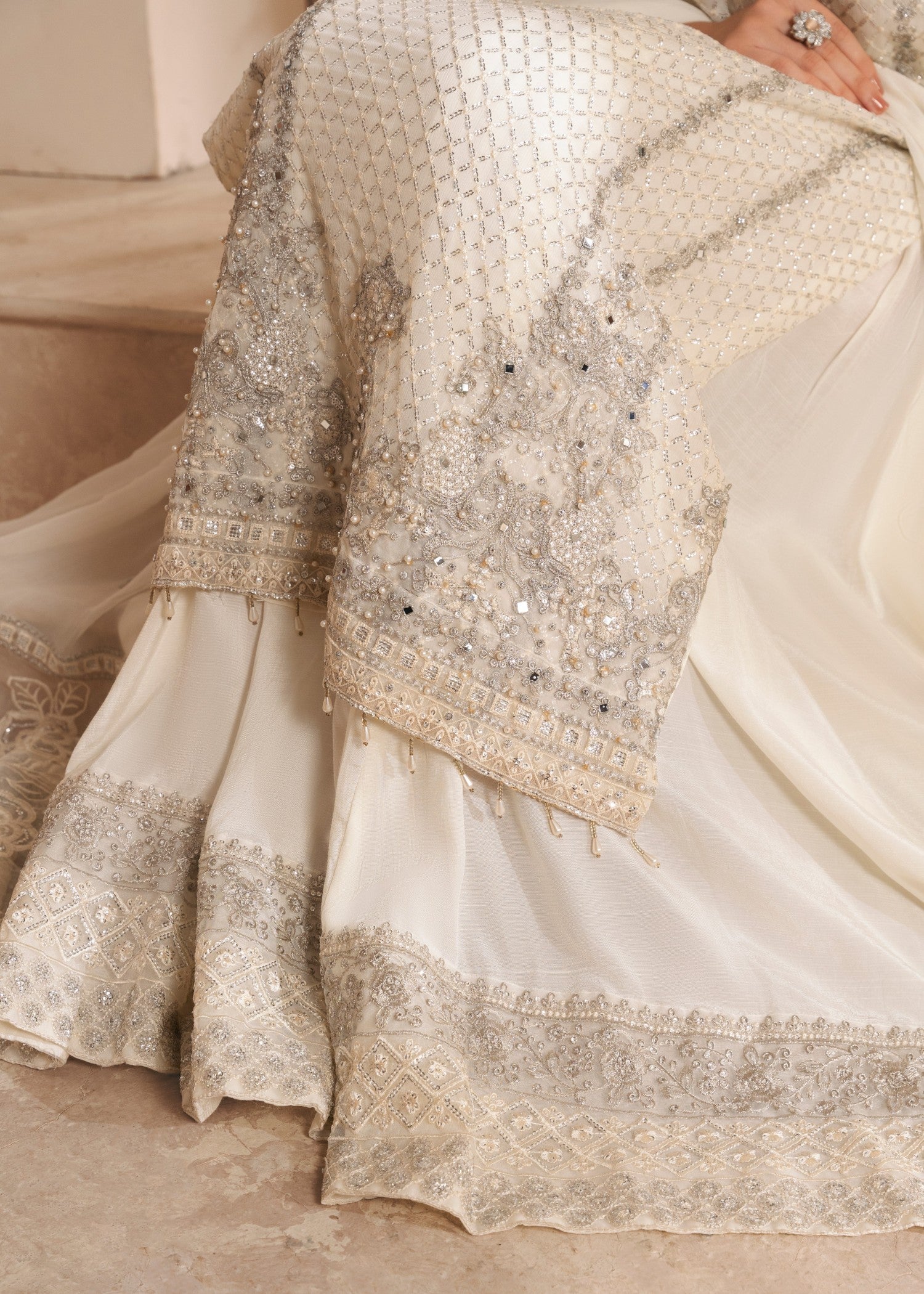 Off-White Embroidered Chiffon Sharara (3-Piece) - Image 8