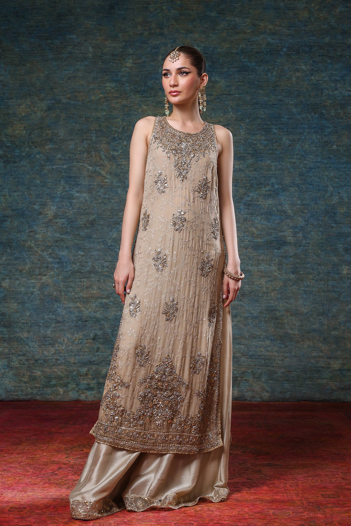 Pakistani Ivory Beige Gota Zardozi Chiffon Kameez with Silk Sharara (2-Piece) - Image 1