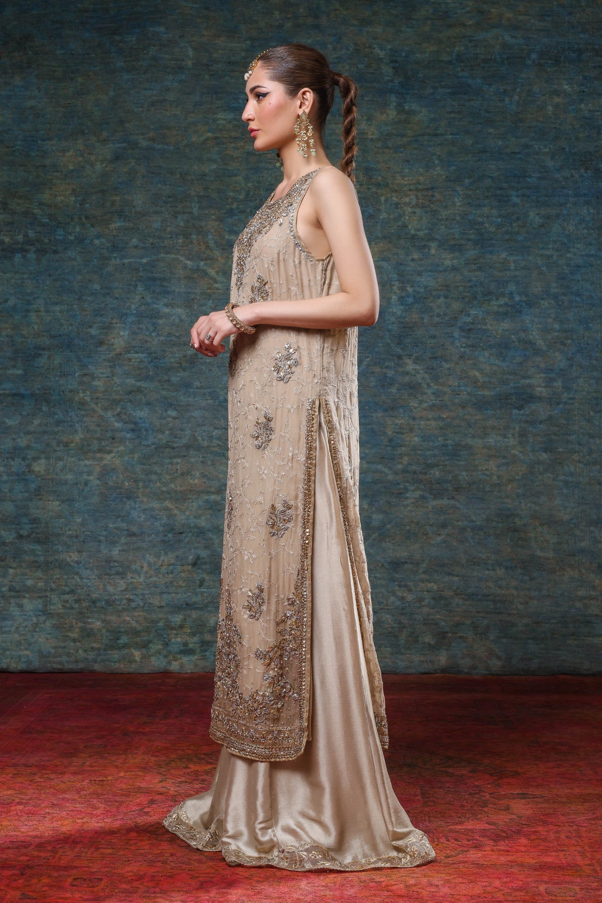 Pakistani Ivory Beige Gota Zardozi Chiffon Kameez with Silk Sharara (2-Piece) - Image 2