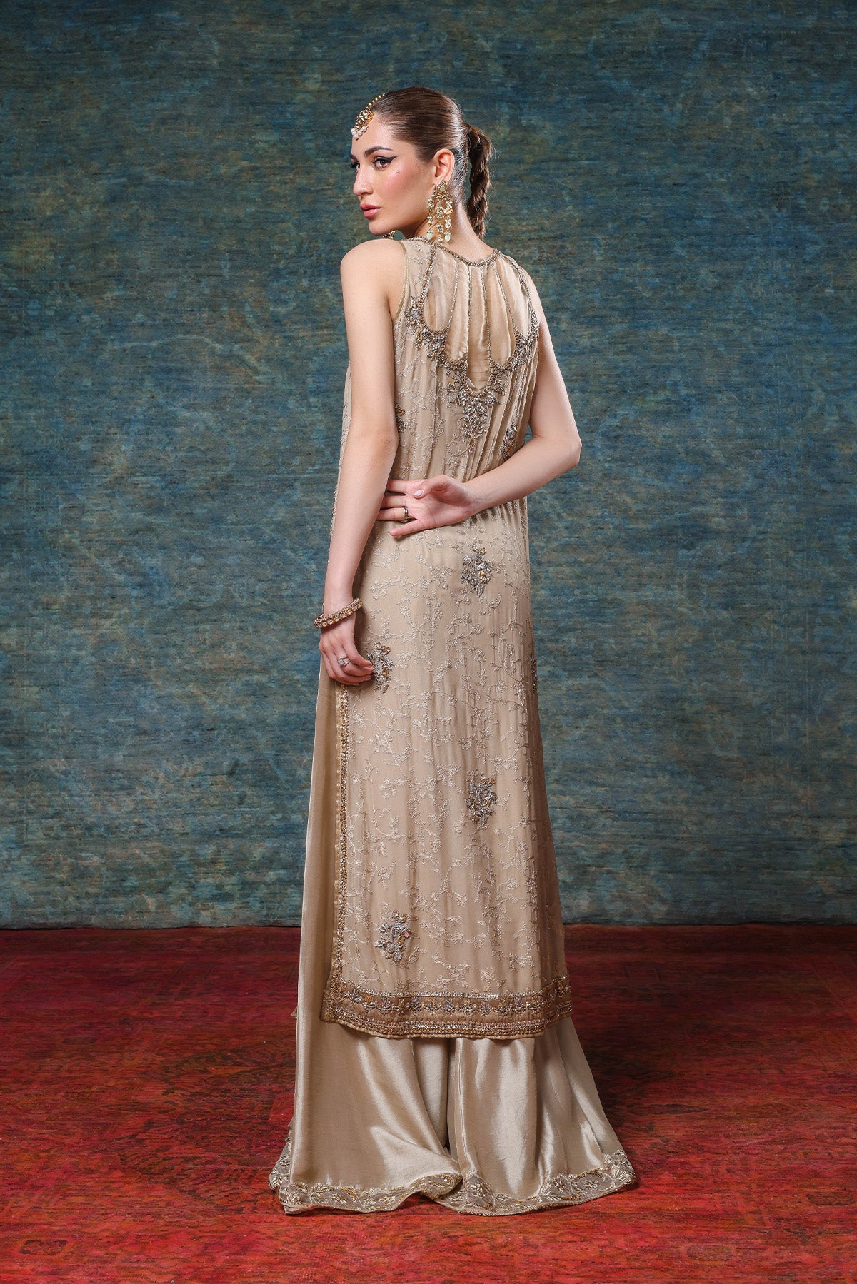 Pakistani Ivory Beige Gota Zardozi Chiffon Kameez with Silk Sharara (2-Piece) - Image 3