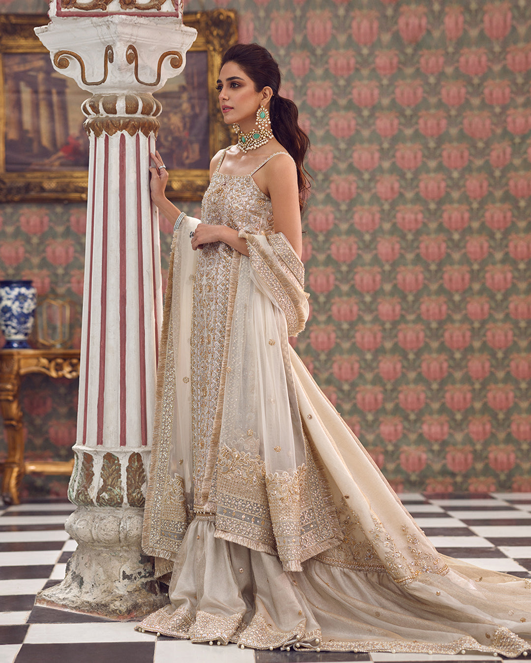 Ivory Hand-Embellished Chiffon Sharara (3-Piece) - Image 1