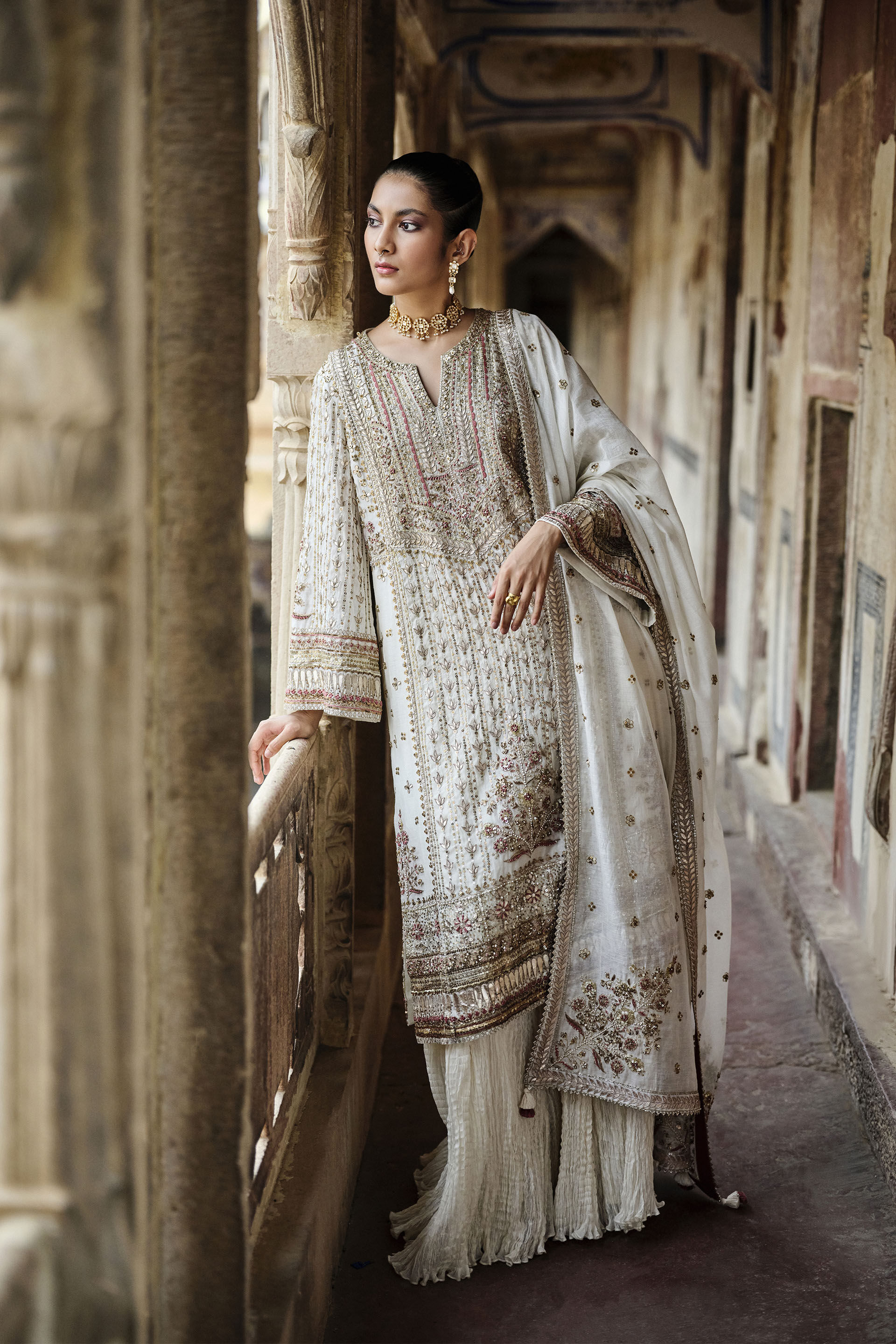 Indian Ivory Gota Patti Cotton-Silk Sharara Set (3-Piece) - Image 1
