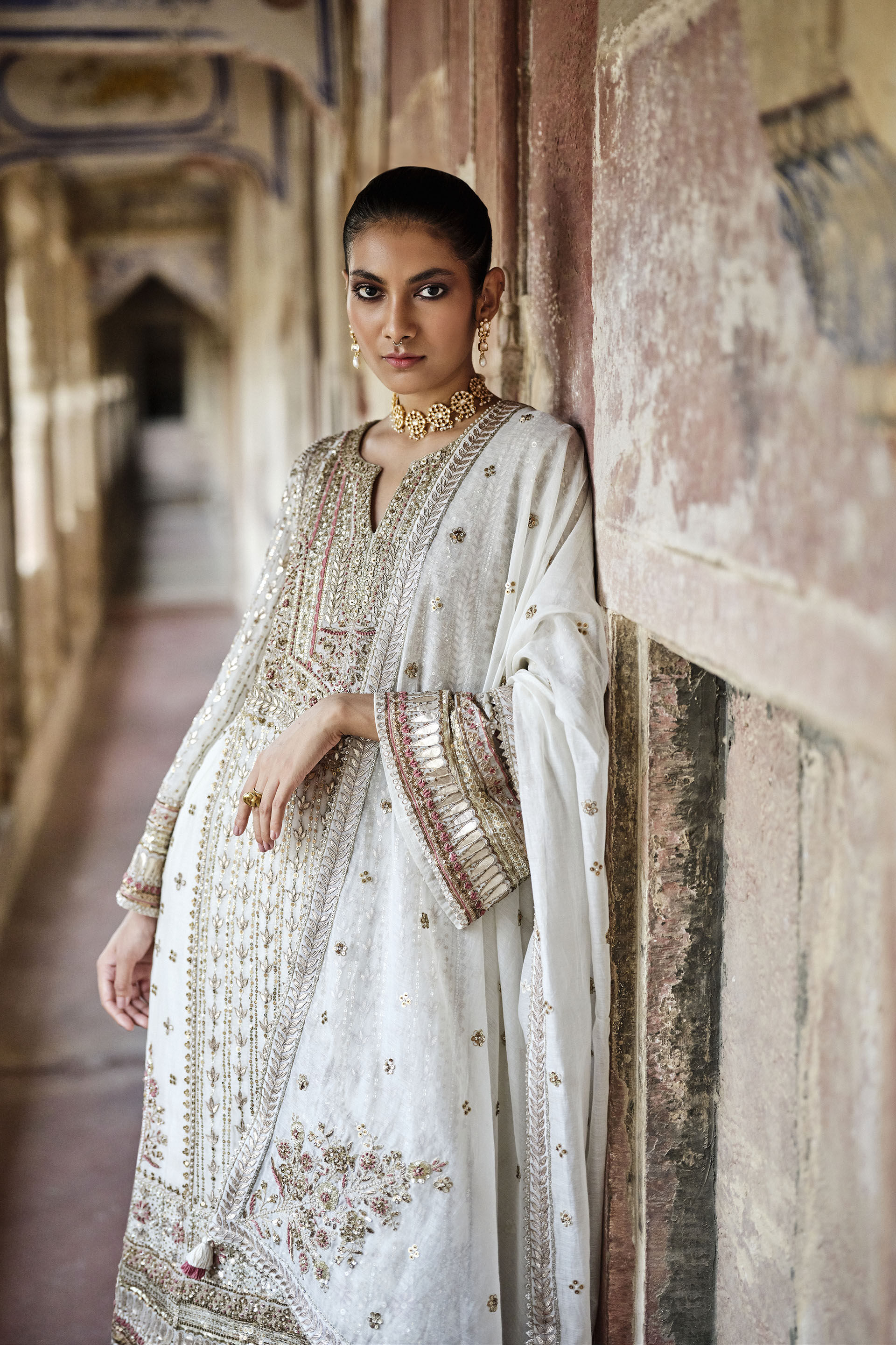 Indian Ivory Gota Patti Cotton-Silk Sharara Set (3-Piece) - Image 3