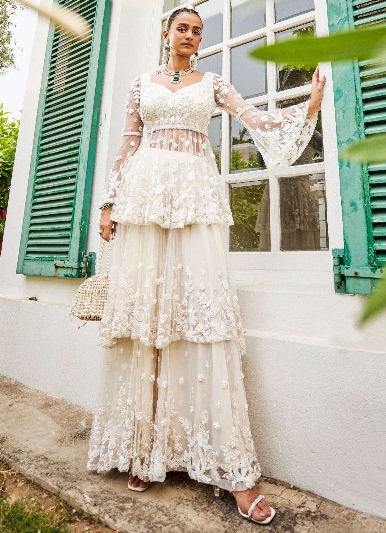 Pearl Ivory Embroidered Crepe & Net Sharara (3-Piece) - Image 2