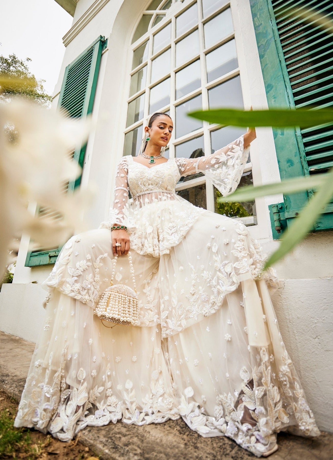 Pearl Ivory Embroidered Crepe & Net Sharara (3-Piece) - Image 3